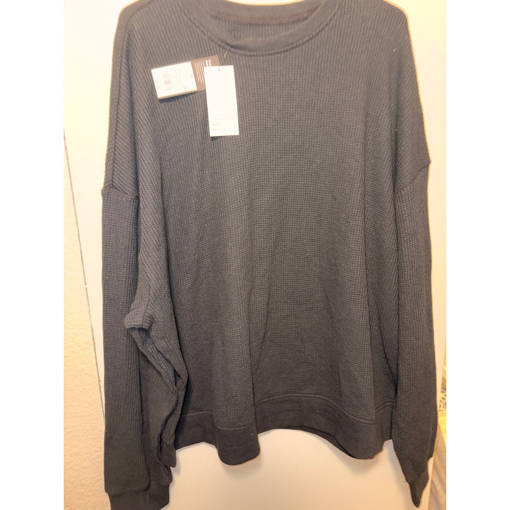 Original Use Mens Waffle Knit Thermal Sweatshirt Black Boxy Fit Drop Shoulder XL